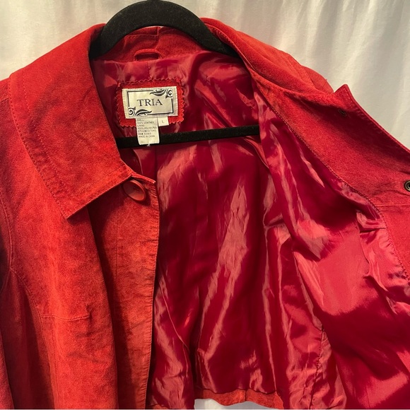 TRIA Red Leather Cropped Jacket Women’s Large Biker Moto Suede Coat Winter - Picture 11 of 16
